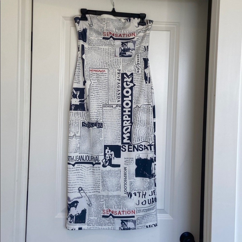 Black and White Newspaper Print Strapless Dress